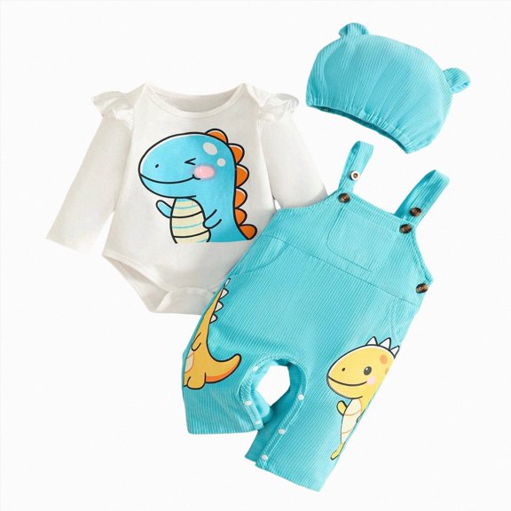 Splozh Newborn Baby Boy Clothes Fall Winter Outfit Long Sleeve Romper Pocket Pants Hat 3 Piece Set Newborn Outfits Baby Boy,Sky Blue,3-6 Months