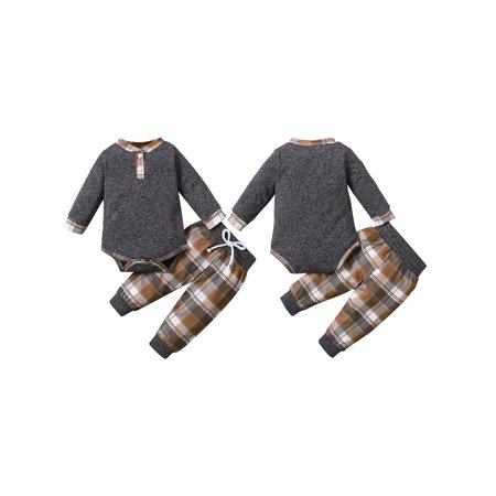 

AvoDovA Toddler Baby Boy Camouflage Pants Solid Color Long Sleeve Romper Button Shirt Infant Plaid Trousers Set