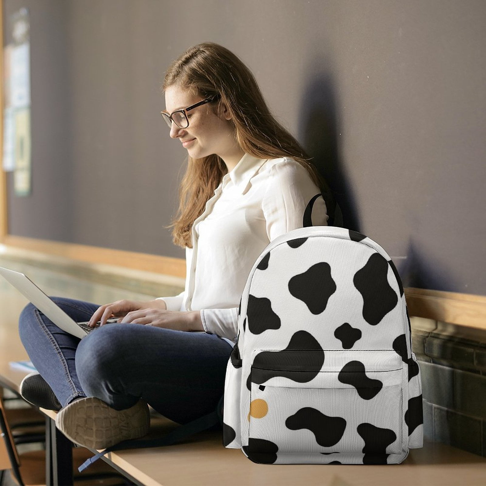 Large Capacity Half Print Backpack 11.8×16.5×5.9in Multifunctional Zipper Design Convenient Switch Simple Cow Print Pattern, Vector Art Style_2