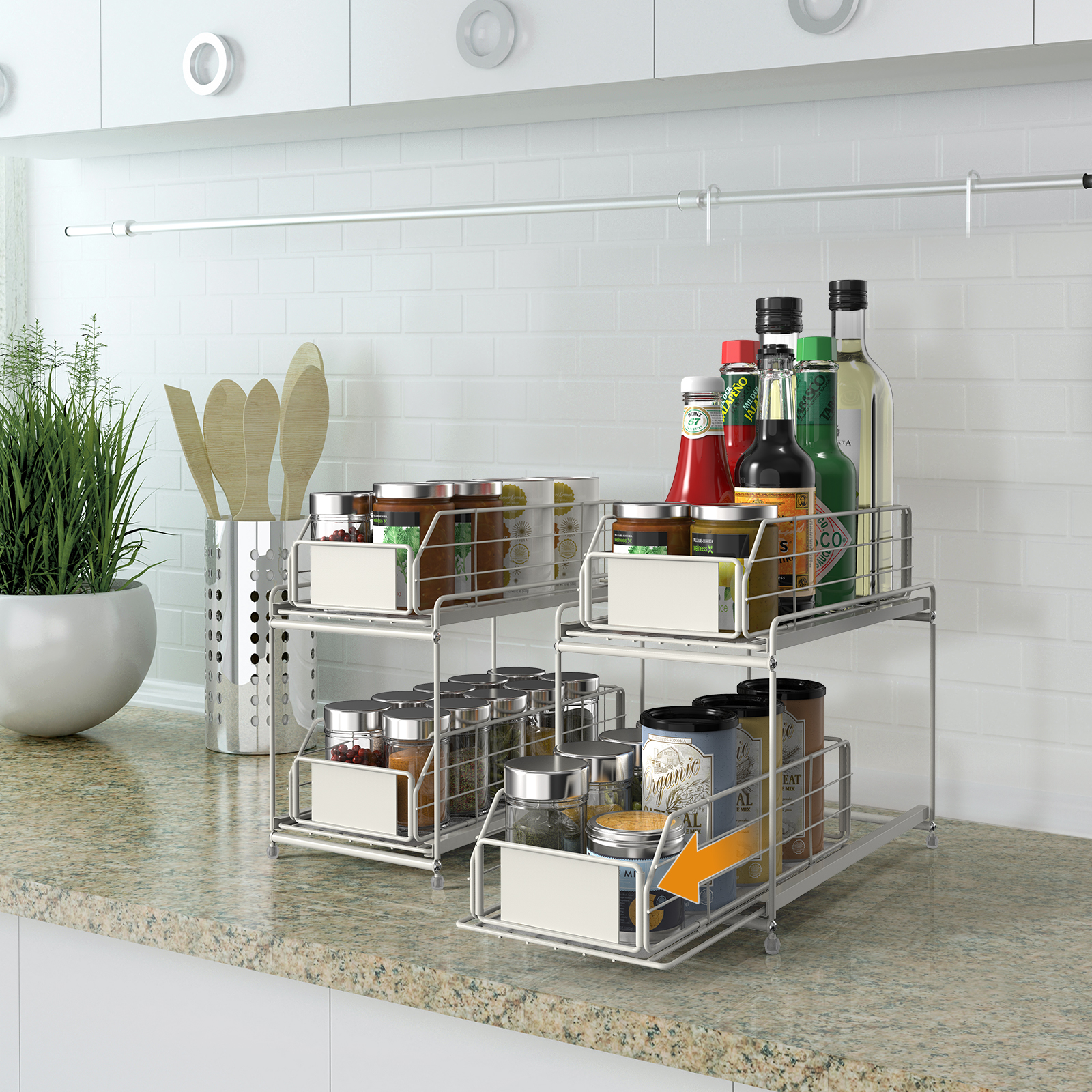 2-Tier Cabinet Storage Organizer Baskets with Sliding Drawer Set of 2, White