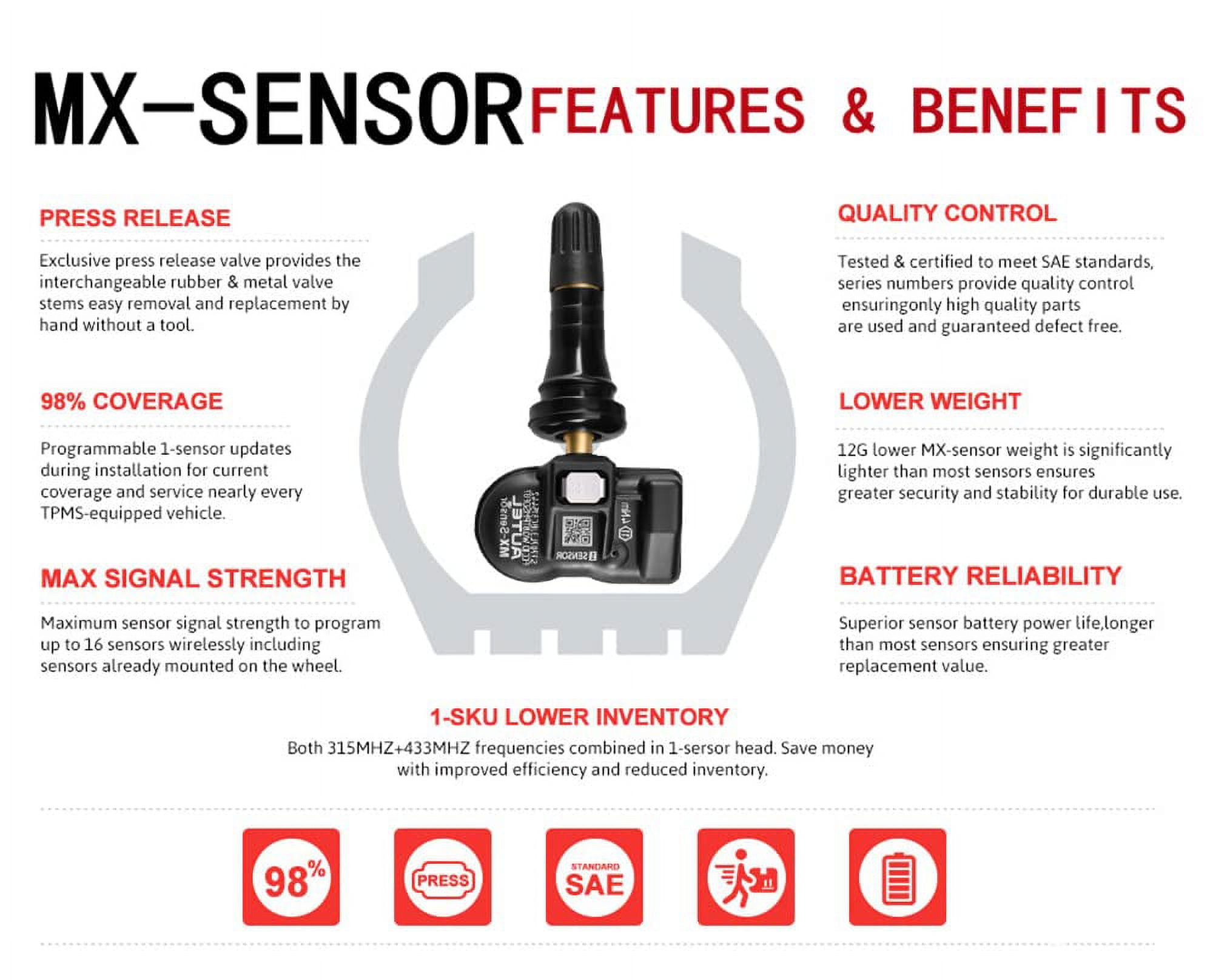 Autel MaxiTPMS MX Sensor Rubber Stem TPMS Sensor 315MHz/433MHz Universal Tire Replacement Sensor Work With TS401 TS408 TS501 TS508 TS601 TS608 MK808TS MX808TS MS906TS ITS600