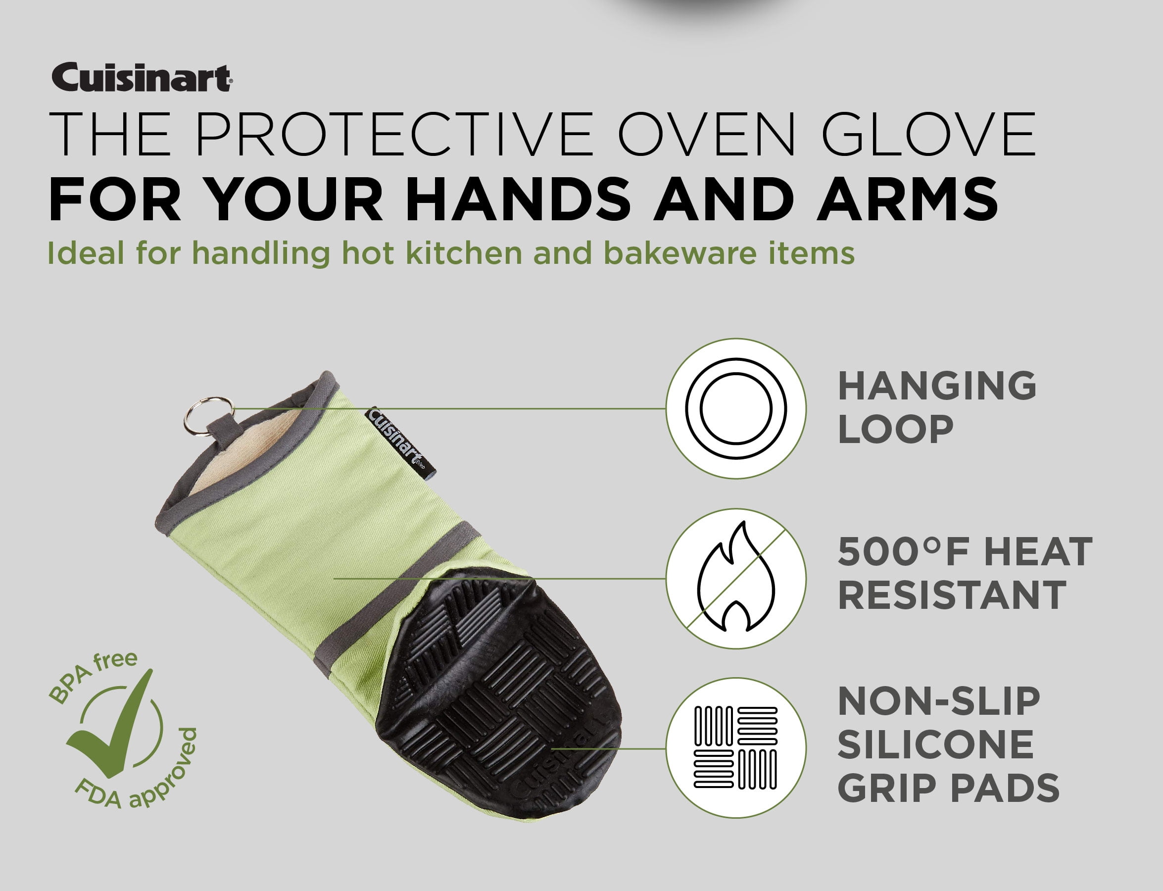 Cuisinart Silicone Oven Mitts, 2 Pack – Heat Resistant To 500 Degrees –  Handle Hot Kitchen Items Safely – Non-Slip Silicone Grip Oven Gloves with  Insulated Deep Pockets and Hanging Loop –Green 