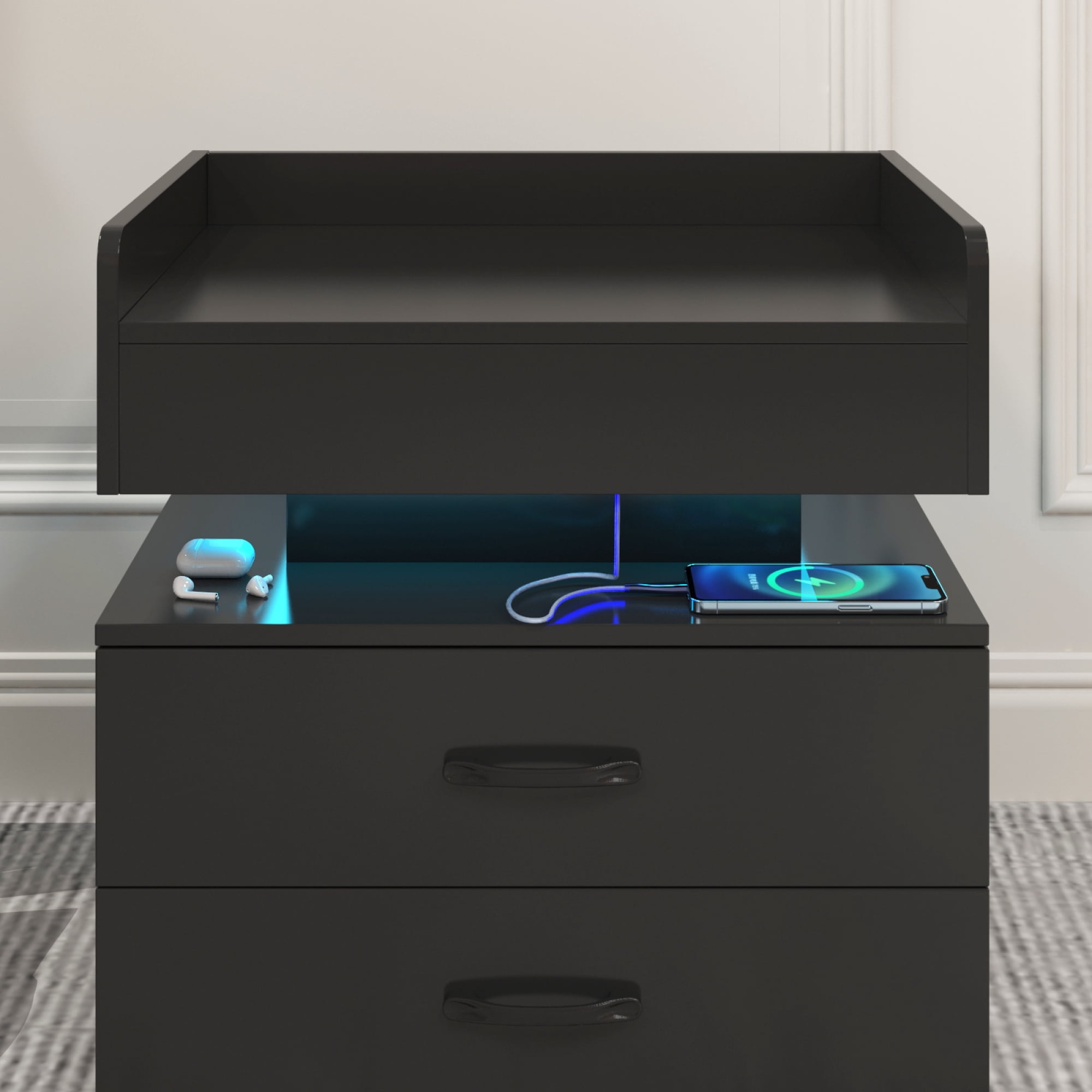 Leumius Nightstand with Adjustable LED & 2-Drawers,Modern Bedside Table, Coffee Table,Sofa Side Table,End Table for Bedroom Living Room,Black