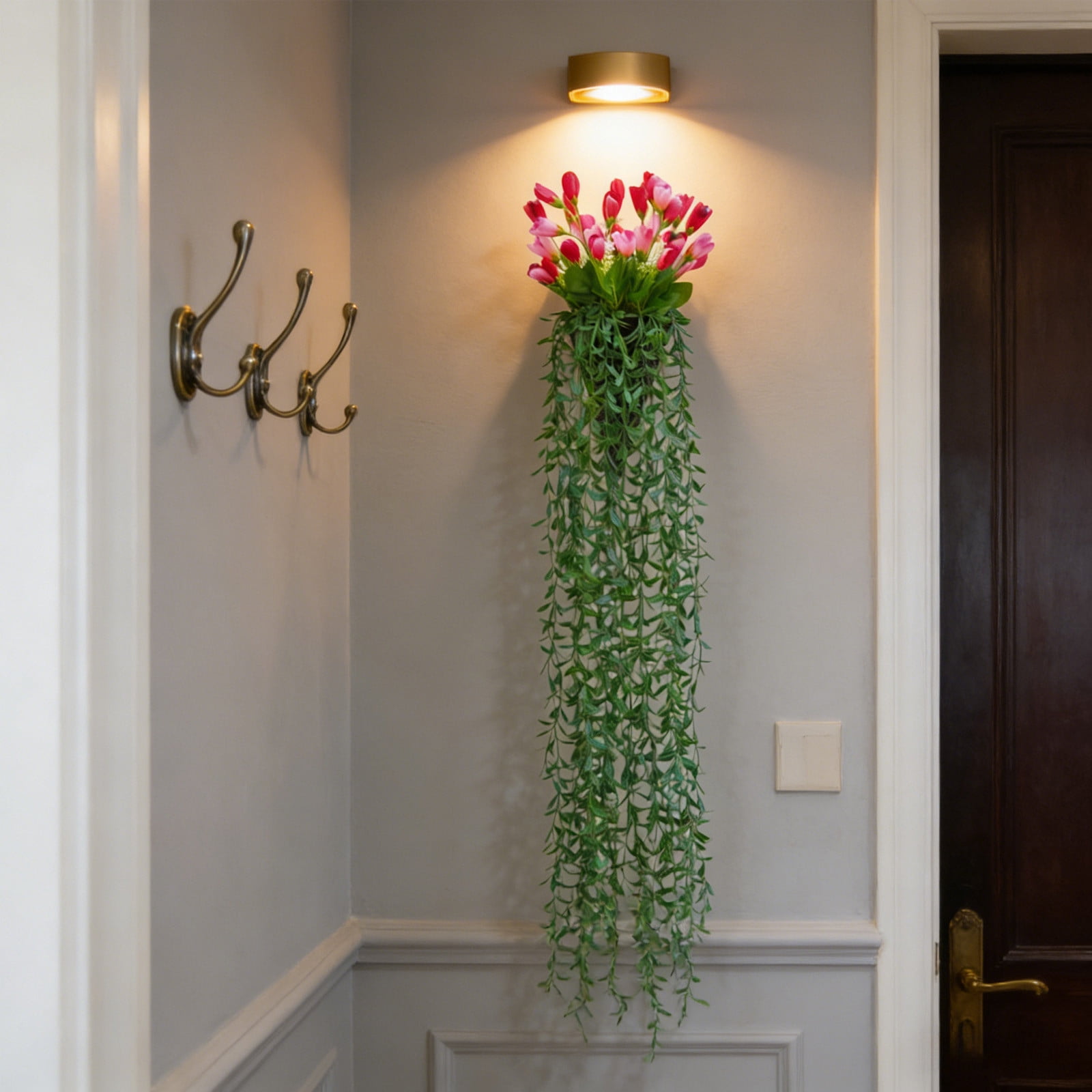 Votnto 9.84×39.37IN Artificial Tulip Hanging Planter, Faux Green Weeping Vine with Tulip Blooms for Wedding Wall Home Decor