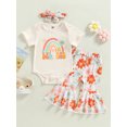 thumbnail image 3 of xiaxaixu Baby Girl Spring Outfits, Short Sleeve Rainbow Romper + Floral Flare Pants + Headband Set, 3 of 8