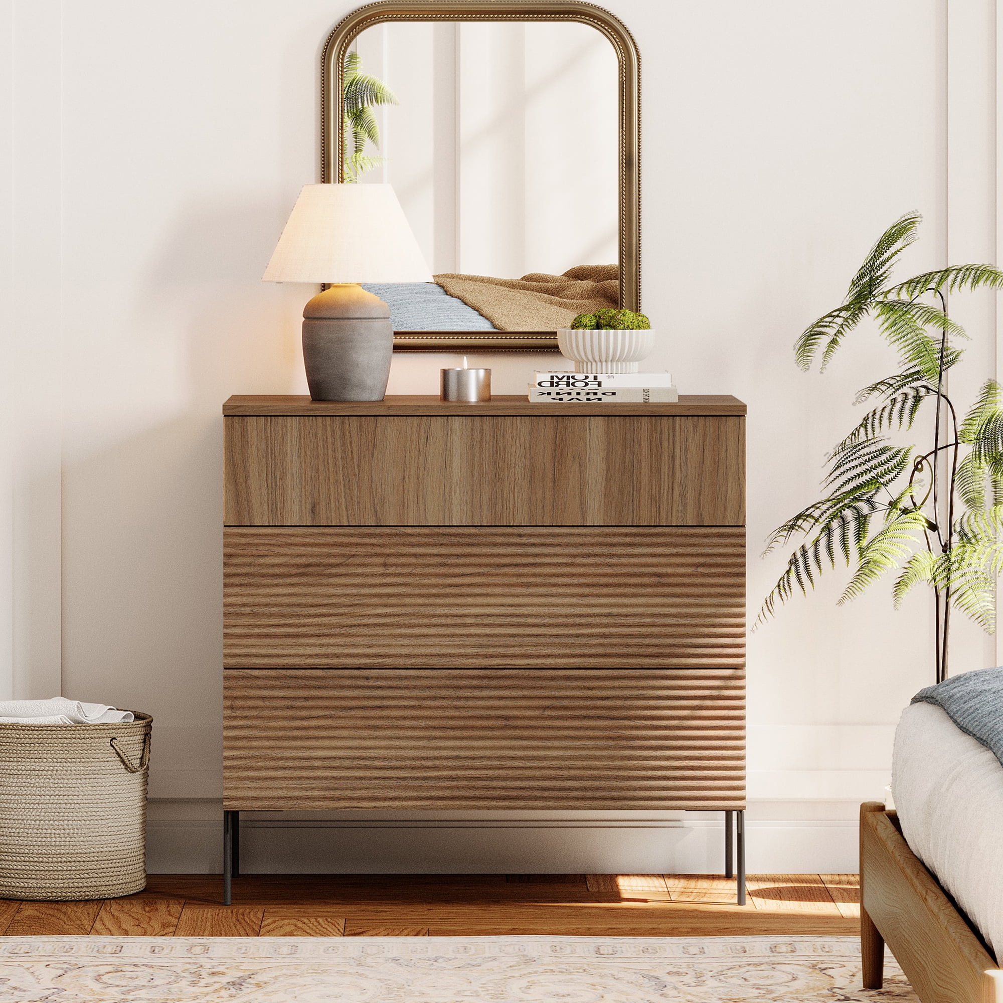 Modern Wood 3-Drawer Dresser with Reeded Design, Minimalist Dresser Organizer Storage for Bedroom,Living room, Entryway