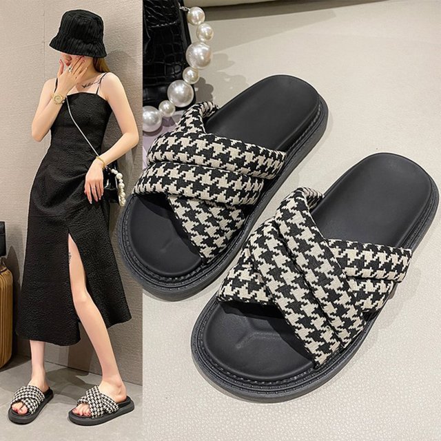 Zapatilla cruzada para mujer, moda informal, suela gruesa, zapatilla de plataforma para mujer para verano, pata de gallo, negro 39