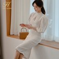 thumbnail image 5 of H Han Queen-vestido de tubo ajustado con manga abombada y cuello levantado para mujer, vestido Midi informal de color sólido, gran oferta, otoño, 5 of 5