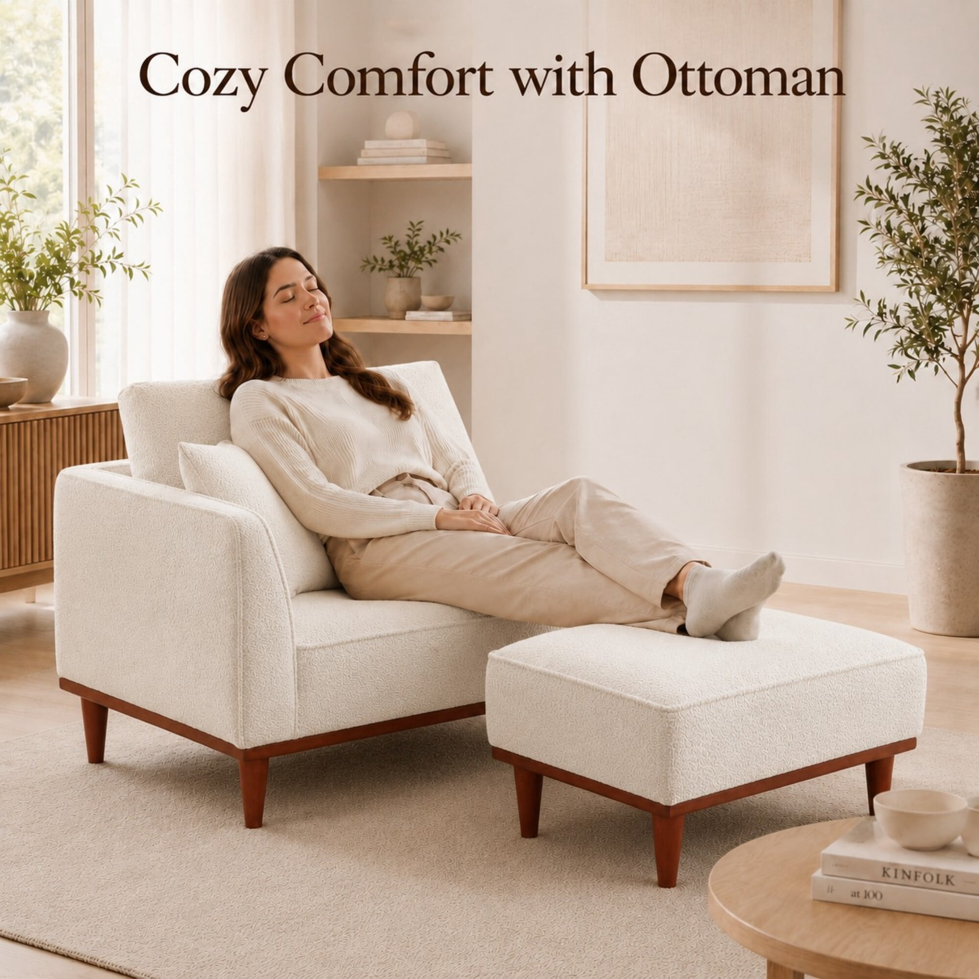 DEALTOPS Convertible Boucle Upholstered Chaise Lounge Chair with Ottoman for Living Room Bedroom, Cream