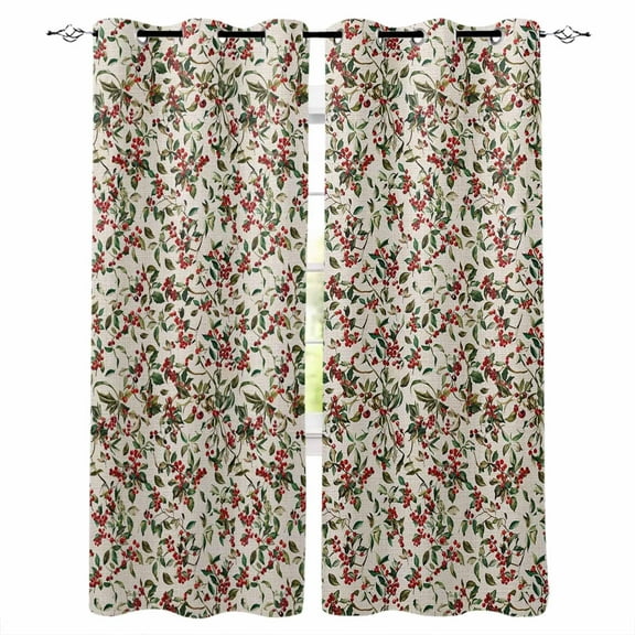 Christmas Berry Blackout Curtains | Light Blocking Print Window Curtains, Xmas Botanical Watercolor Green Red Rustic Thermal Insulated Window Drapes for Living Room Kitchen (2 Panels, 104"W x 84"L)