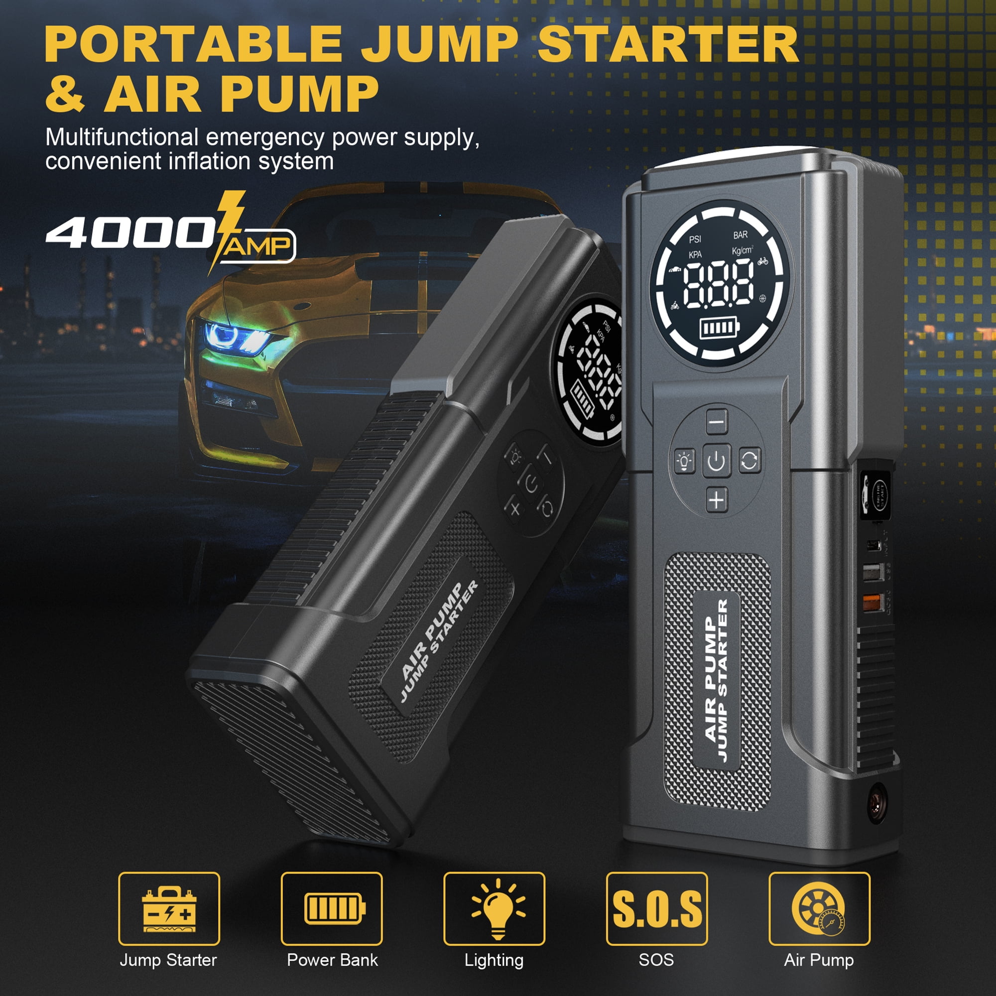 GPED Jump Starter with Air Compressor, 4000A 150PSI Portable Car Battery Jump Starter (All Gas/10L Diesel), 12V Jump Box Car Battery Jumper Starter with LCD Display & Jumper Cables, Emergency Light