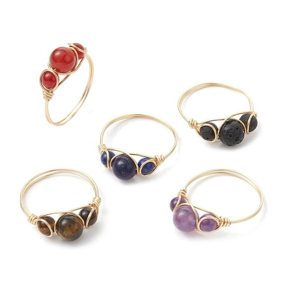 20 pc Natural Mixed Gemstone Finger Rings Light Gold Copper Wire Wrapped Ring Inner Diameter: 18~19mm