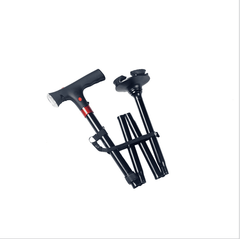 Adjustable Height Folding Walking Cane with LED Light & Alarm Button, 4-Prong Anti-Slip Base, Aluminum Alloy Telescopic Cane with Side Armrest for Elderly