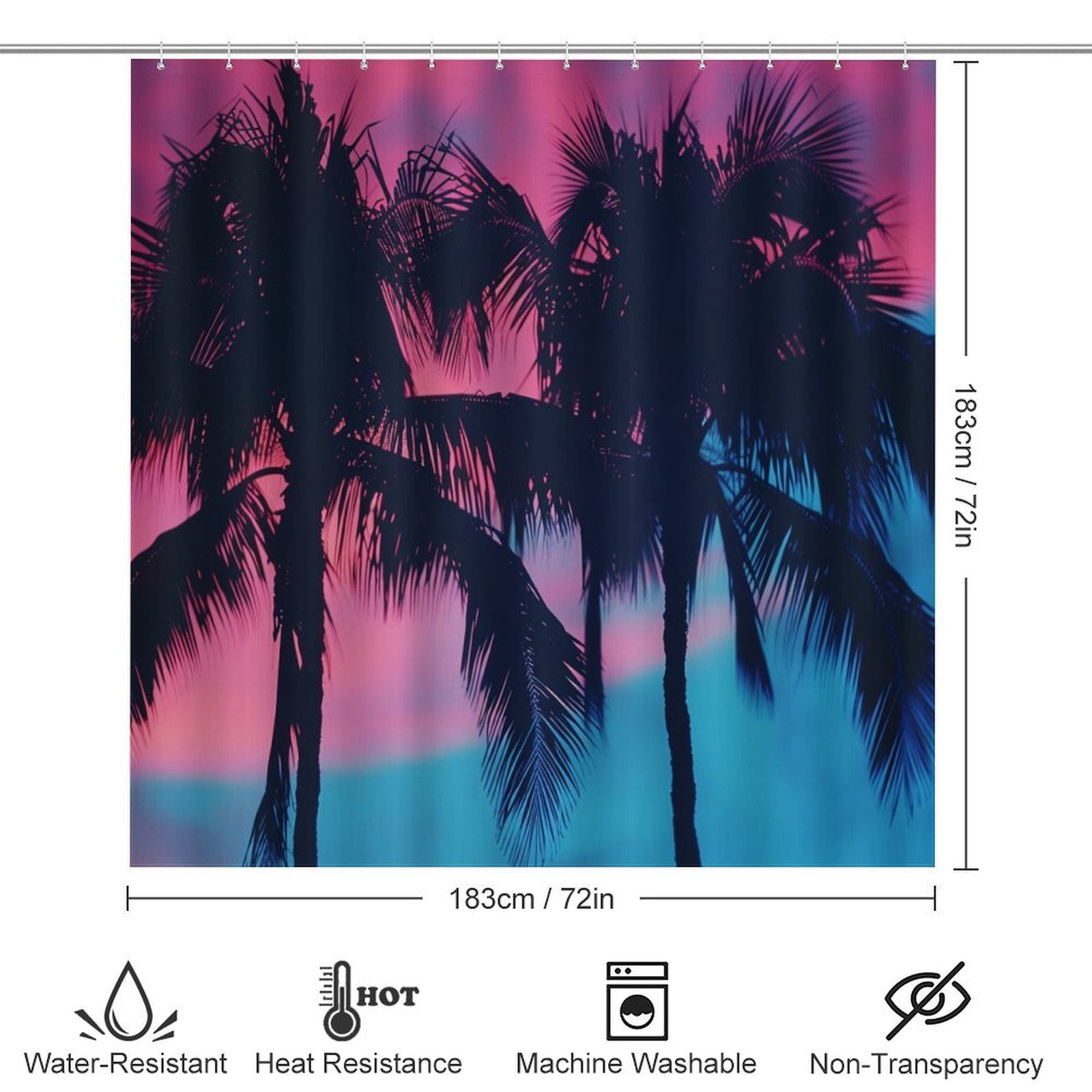4 Piece Bathroom Rug Set with Shower Curtain Bathroom Sets with Curtain,Rug,Toilet Cover and U Shaped Mat Palm Trees in Pink Sky Bathroom Decor Shower Summer Tropical Palm Trees
