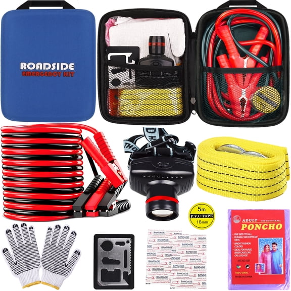 YILAIRIOU Car Roadside Emergency Kit, with Jumper Cables Automotive Kit,Car Safety Roadside Assistance Kit Headlamp,Tow Straps, Multi-Function Blades, Rainwear, Gloves.Blue