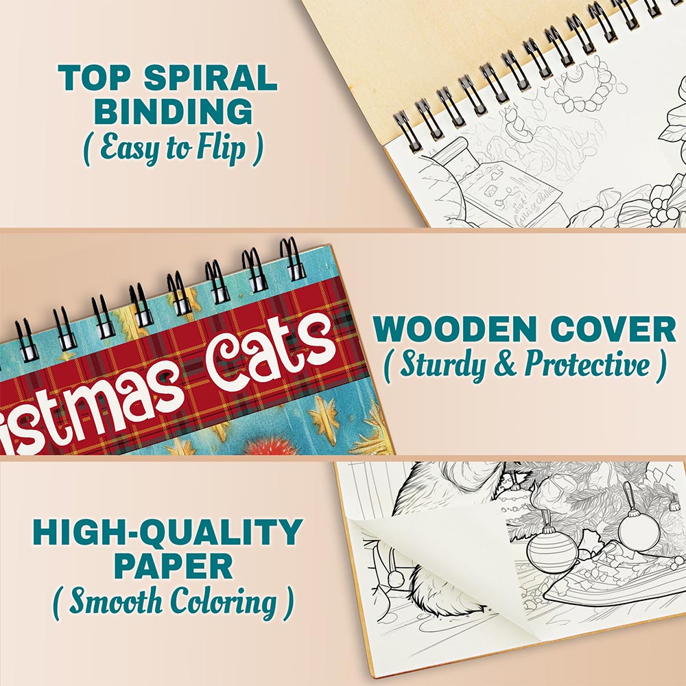 Netecom Christmas Cats Coloring Book Spiral Bound for Adults, A5 Wooden Cover, 30 Playful Coloring Pages of Festive Cats in Holiday for Stress Relief and Relaxation