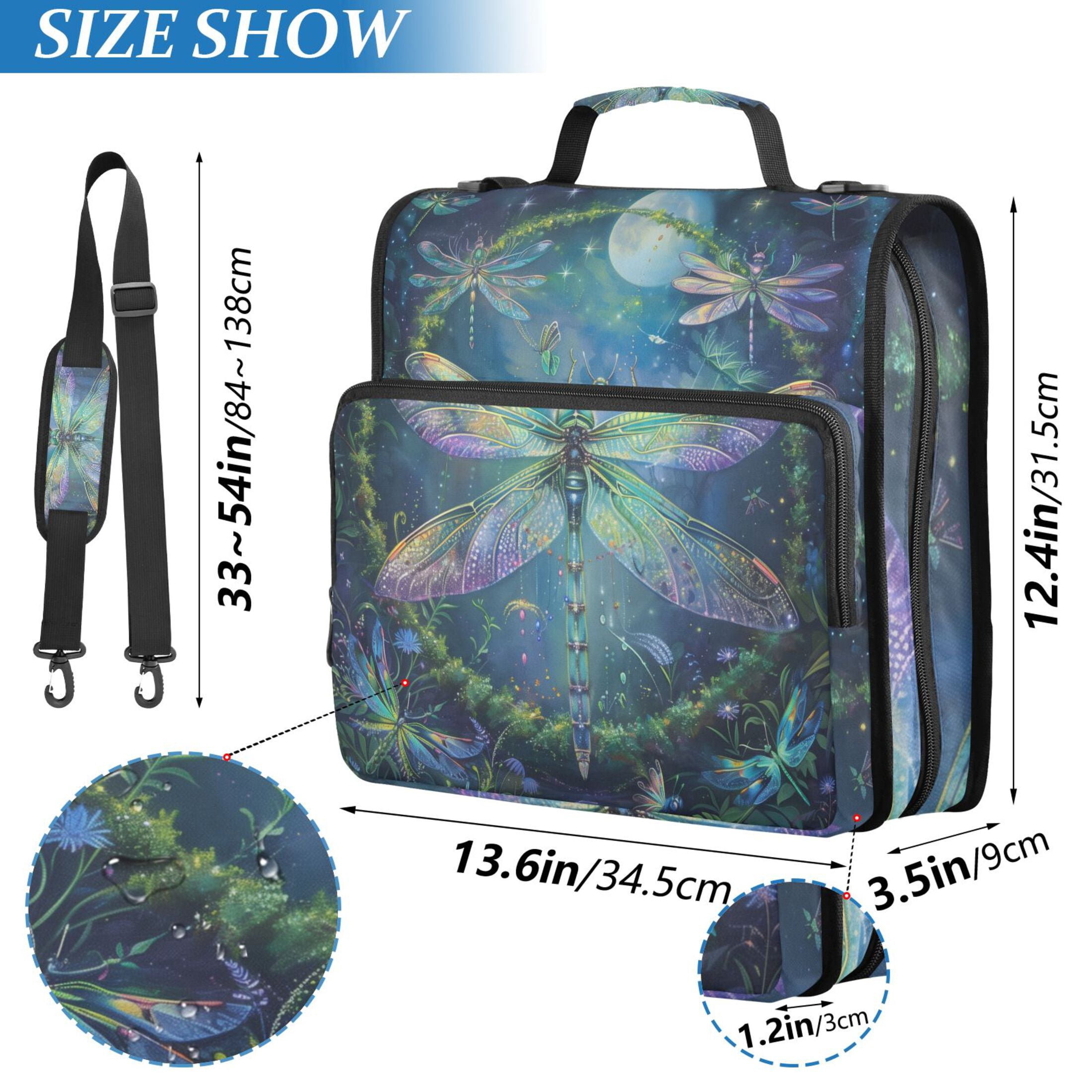 3 Ring Zipper Binder with Shoulder Strap Waterproof Trapper Keeper 2 Inch D-Ring 500 Sheets Capacity Beautiful Dragonflies