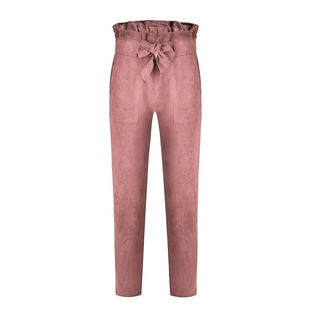 Grey Cropped Trousers - Women Casual Harem High Waist Pencil Cropped Pants Elastic Bow-knot OL Trousers Stripe Drawstring Slim Skinny Trouser