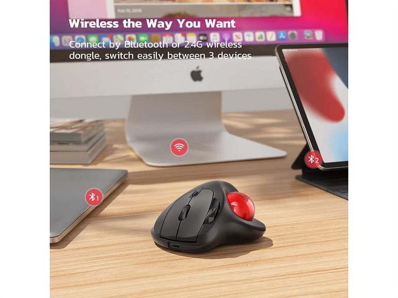 Wireless Trackball Mouse, Rechargeable Ergonomic Mouse, Easy Thumb Control,  Precise & Smooth Tracking, 3 Device Connection (Bluetooth or USB),  Compatible for PC, Laptop, iPad, Mac, Windows, Android 