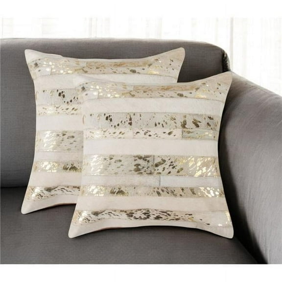 HomeRoots 544636 18 in. Natural & Gold Striped Cowhide Throw Pillows with Glitter - Set of 2