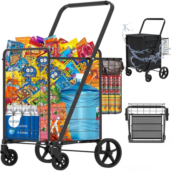 Heavy Duty Folding Shopping Cart for Groceries, Jumbo Grocery Carts with 360° Swivel Wheels, Waterproof Bag, Portable Utility Trolley for Daily, Laundry, Holds Up to 320 LBS