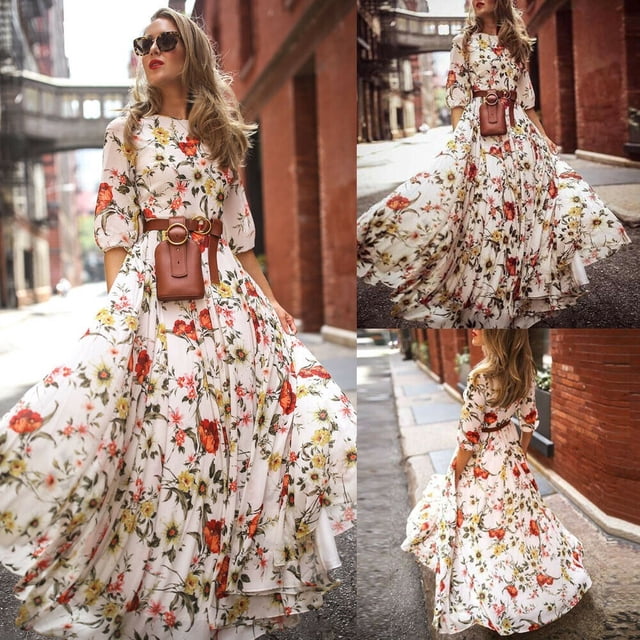 Femmes Été Fleur Boho Maxi Robe Soirée Cocktail Partie Plage Robe de Soleil S-XL (Sans Ceinture)