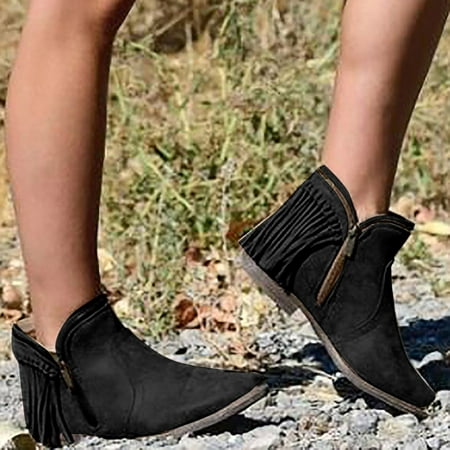 

Women s Comfortable Retro Tassel Side Zipper Low Heeled Round Toe Boots