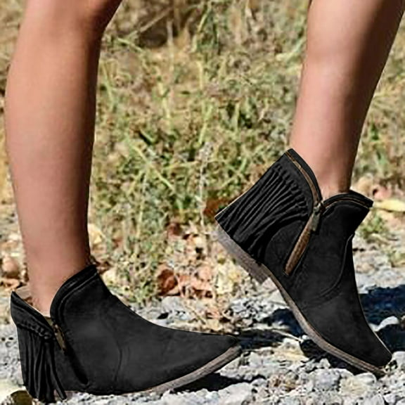 Herrnalise Women's Comfortable Retro Tassel Side Zipper Low Heeled Round Toe Boots Women's Shoes under $30