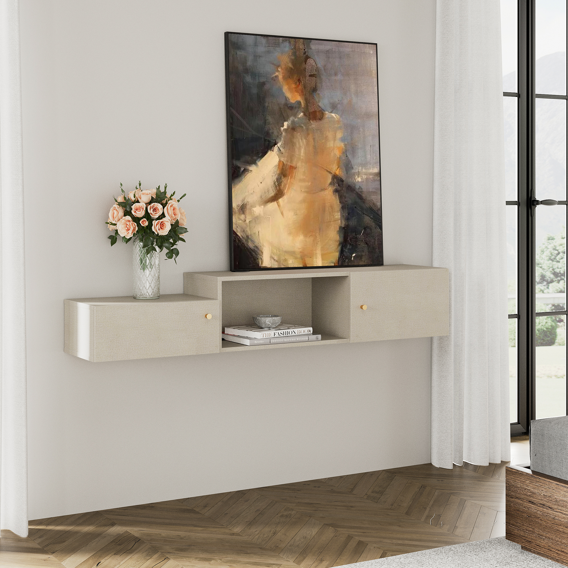 Floating Entertainment Center with Charging Station, Wall Mounted TV Stand, Media Console Center with Storage, Modern Shelf Hanging Hutch Component Under TV,59''