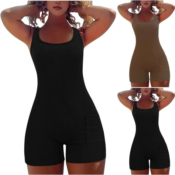 pstuiky Jumpsuits for Women, Solid Color Casual Short Trousers with Pockets Comfy Womens Romper Black L