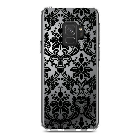 DistinctInk Clear Shockproof Hybrid Case for Samsung Galaxy S9 (5.8" Screen) - TPU Bumper, Acrylic Back, Tempered Glass Screen Protector - Silver Grey Black Damask - Floral Damask Pattern