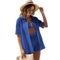 thumbnail image 3 of Swim Cover Up for Women Button Down Long Sleeve Shirt and Shorts Bikini Swimsuits Beach Cover Up Set Royal Blue S, 3 of 8