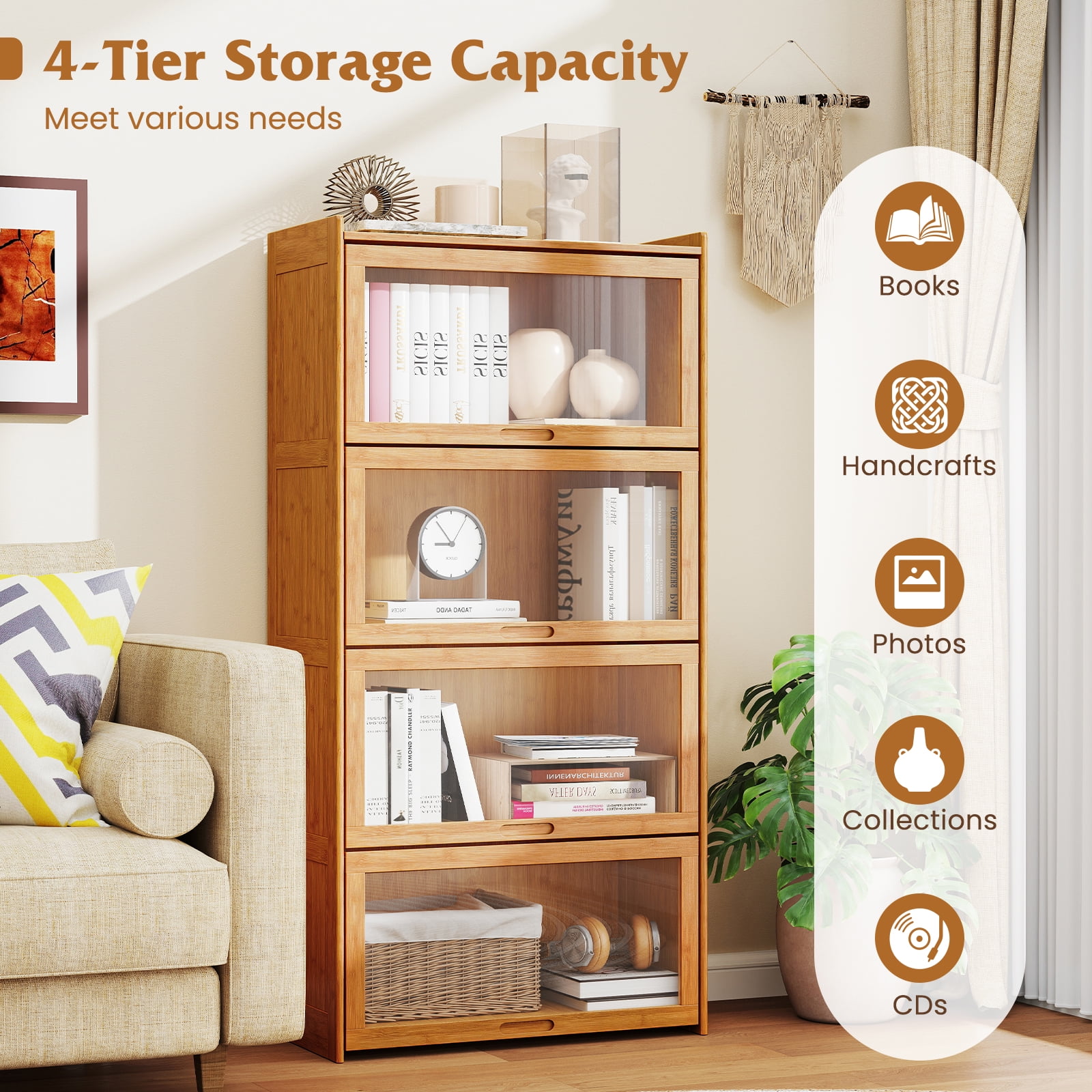 Gymax 4-Tier Bamboo Bookshelf w/Doors See-through Acrylic Doors Freestanding Bookcase Natural