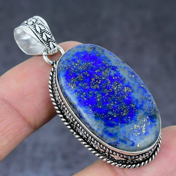 Natural Lapis Lazuli Gemstone Handmade 925 Sterling Silver Pendant 2.17"