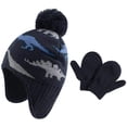 thumbnail image 2 of Conjunto de gorro de invierno con dinosaurio para bebé, manoplas cálidas, gorro con pompón y orejeras para recién nacido, conjunto de guantes, 2 of 7