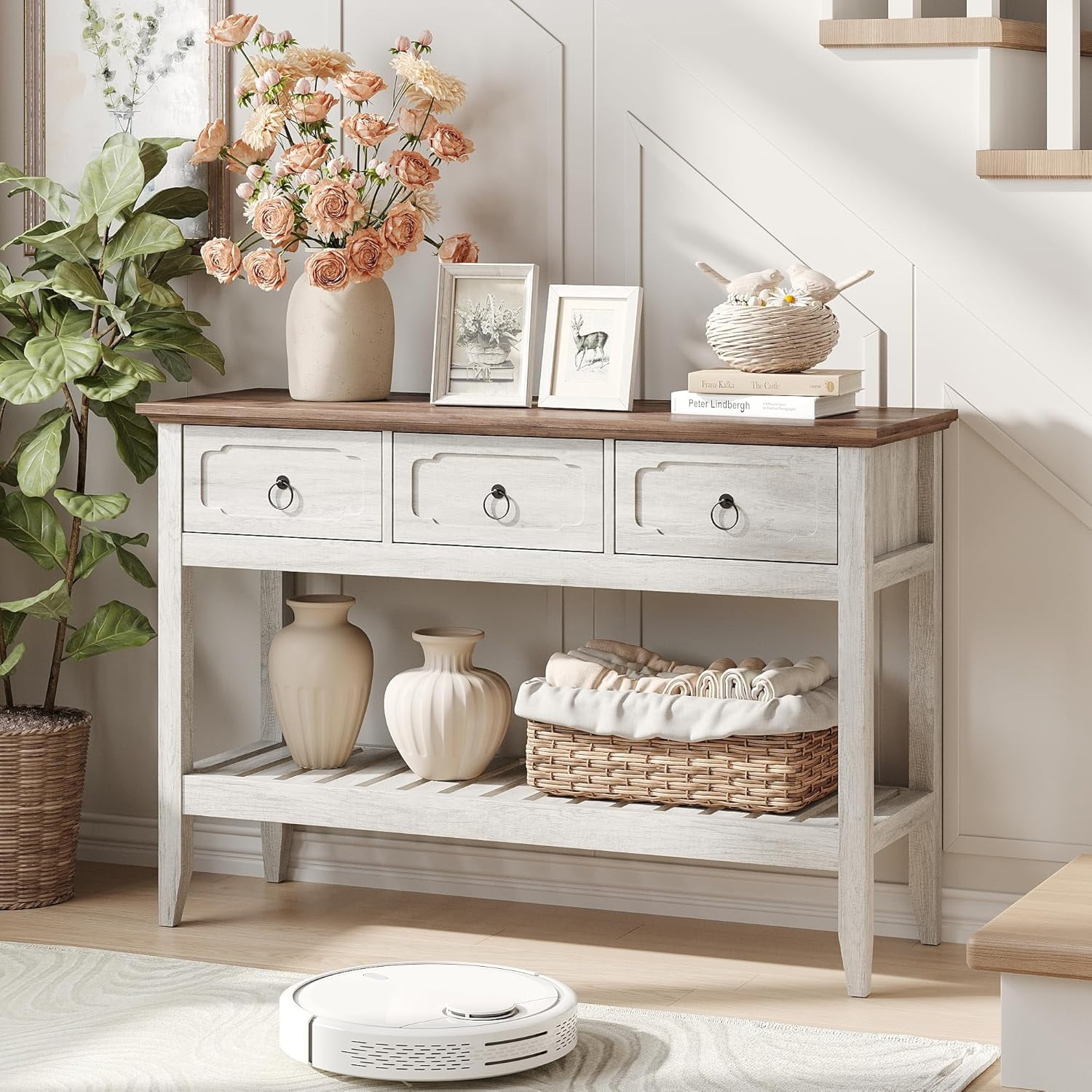 VEANERWOOD Farmhouse Entryway Table with 3 Drawers, 2-Tier Console Table with Storage for Entryway Living Room