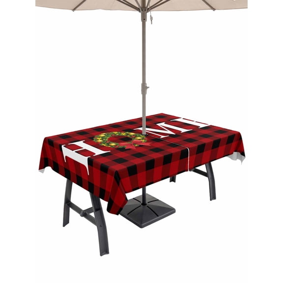 Outdoor Tablecloth with Umbrella Hole and Zipper, Christmas Home Rectangle Table Cloth 60x84 Inch Waterproof Tablecloth, Winter Xmas Red Black Buffalo Plaid Picnic Table Cover for Patio Camping