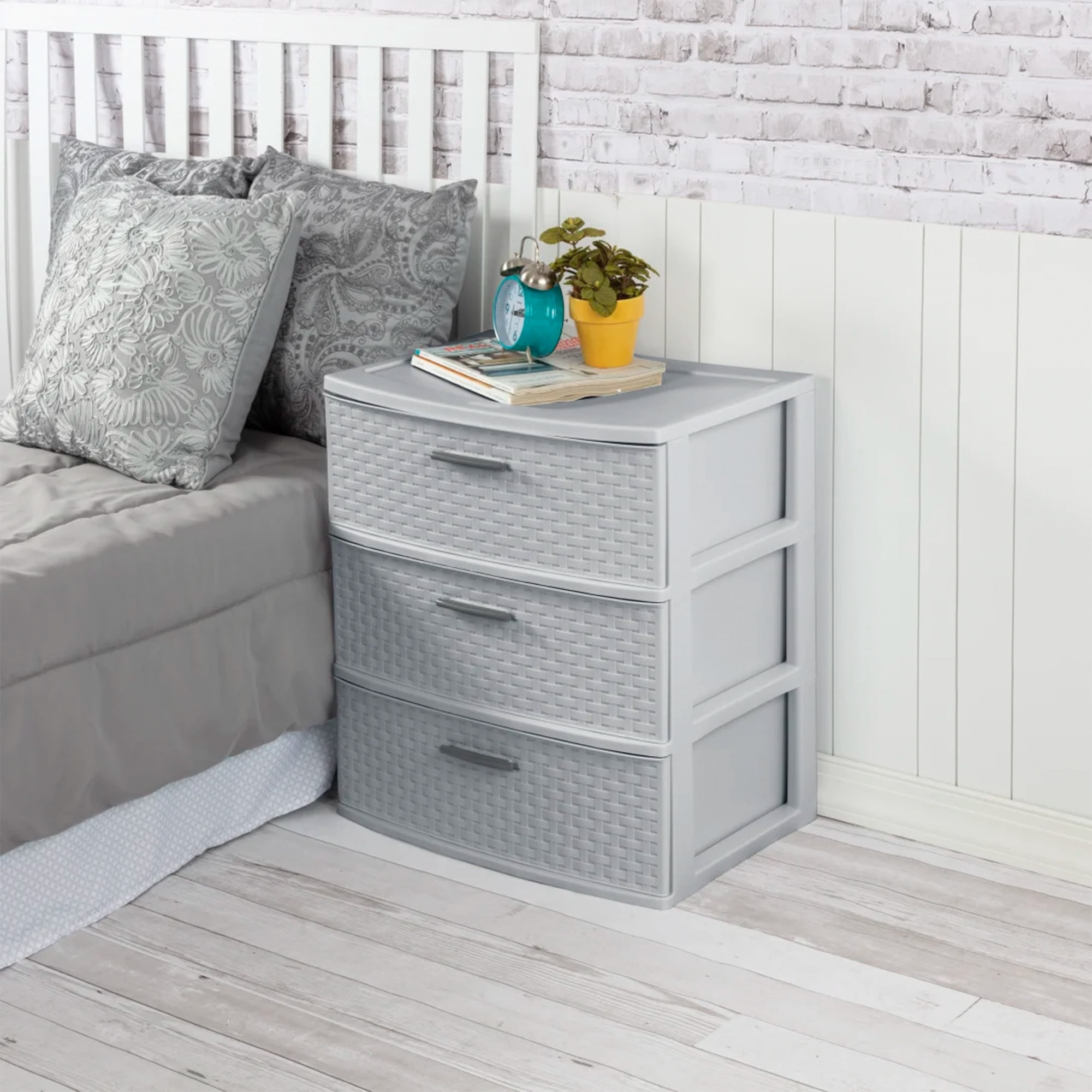 Sterilite 3 Drawer Wide Weave Plastic Storage Tower Home Organizer, Gray, 3 Pack