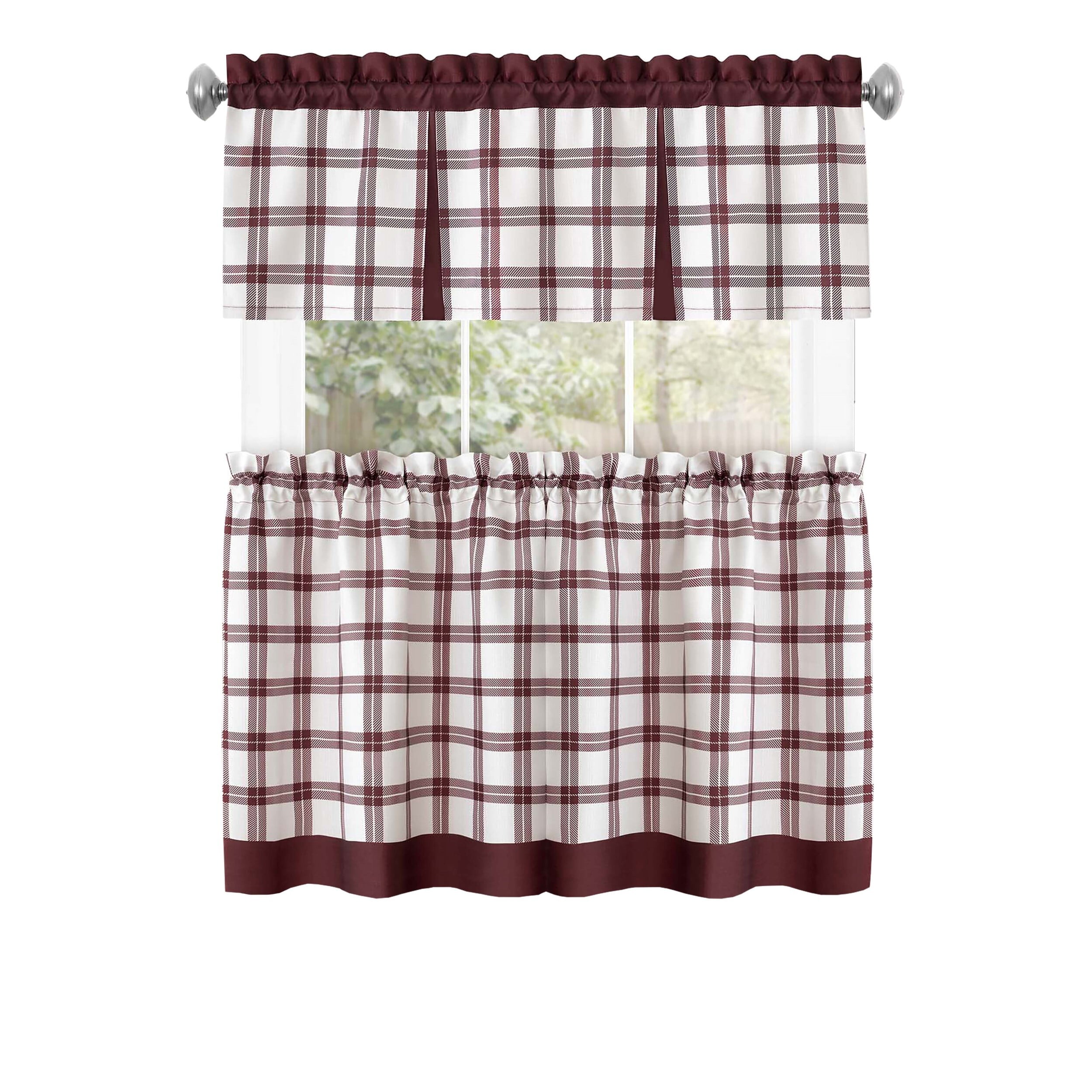 Achim Tate Plaid Light Filtering Tier and Valance Curtain Set, Burgundy, 58" x 24"