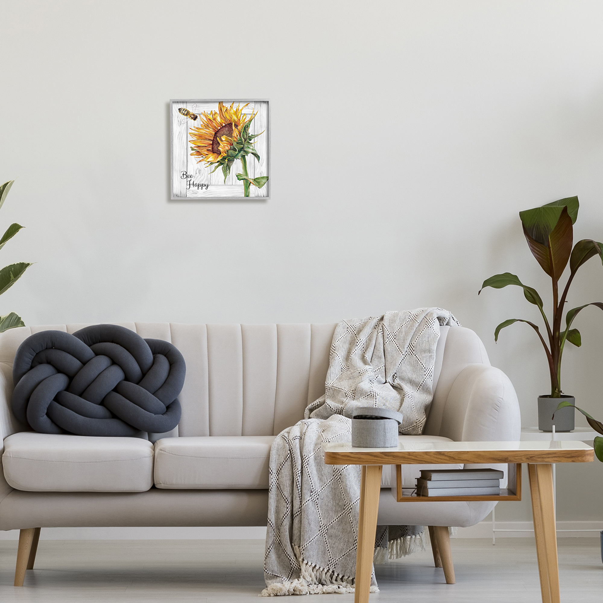 Stupell Industries Bee Happy Rustic Sunflower Botanical & Floral Painting Gray Framed Art Print Wall Art, 12 x 12