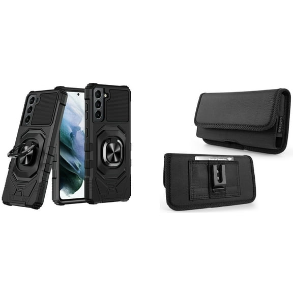 Case with Belt Holster Bundle for Samsung Galaxy S22: Heavy Duty Shield Cover (Black) and Horizontal Rugged Nylon Phone Pouch