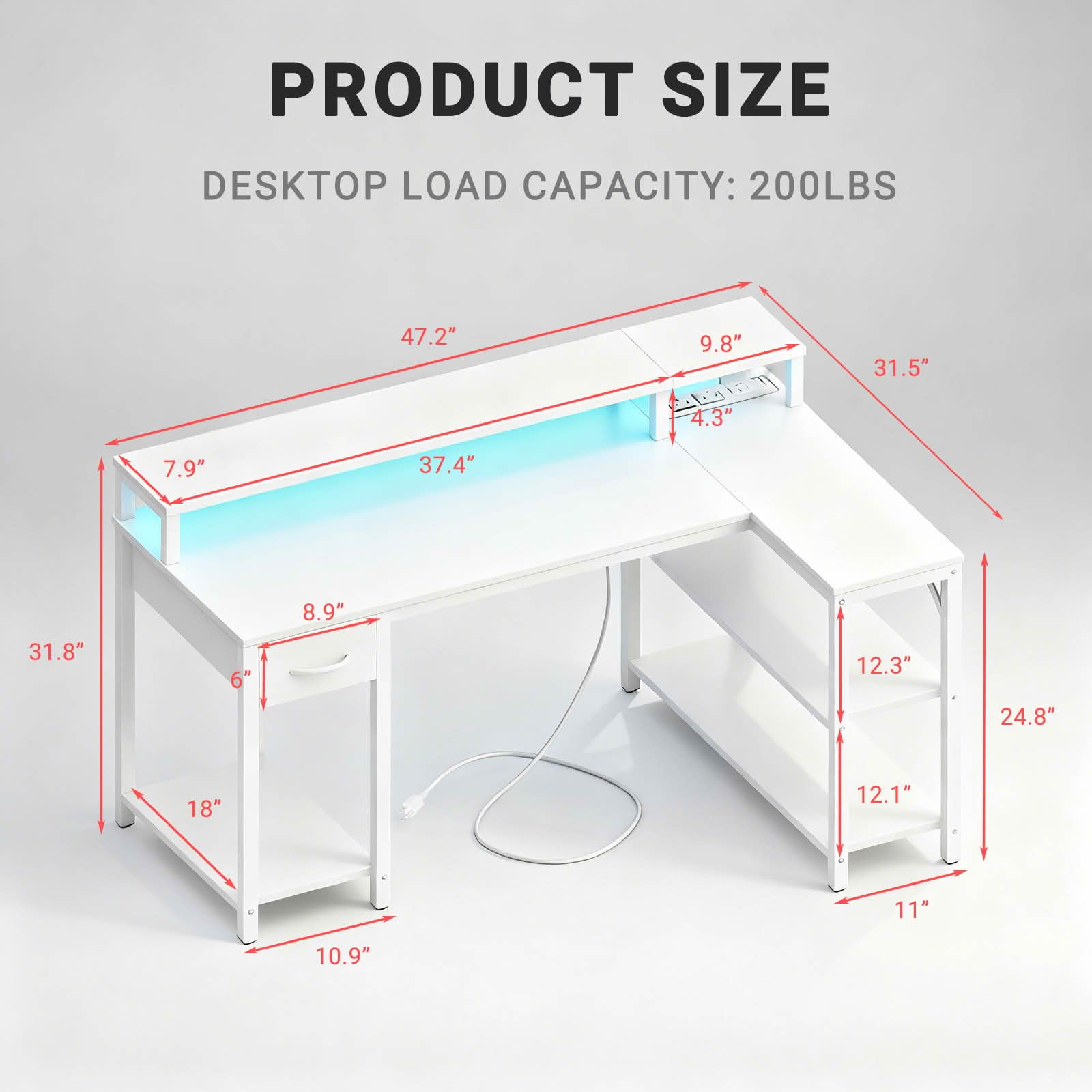 MAYEERTY 53 Inch L-shaped Gaming Table, USB Charging Port & LED Light, Reversible Desk with Power Socket & Monitor Stand