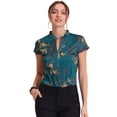 thumbnail image 1 of Blusa de satén para mujer Blusa de trabajo sedosa floral con cuello alto Azul marino S, 1 of 6