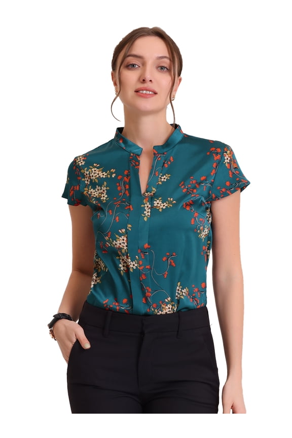 Stand Collar Floral Silky Work Blouse Top Navy Blue XS XL Navy Blue