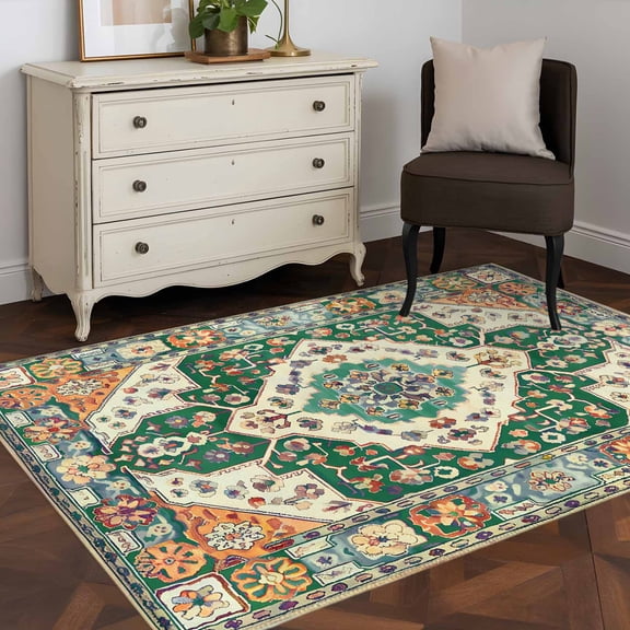 3'x5' Area Rugs, Green Orange Beige Boho Indoor Outdoor Area Rug for Living Room Bedroom, Retro Ethnic Tribal Abstract Art Washable Bathroom Rugs Kitchen Floor Carpet Mats Home Decor Aesthetic