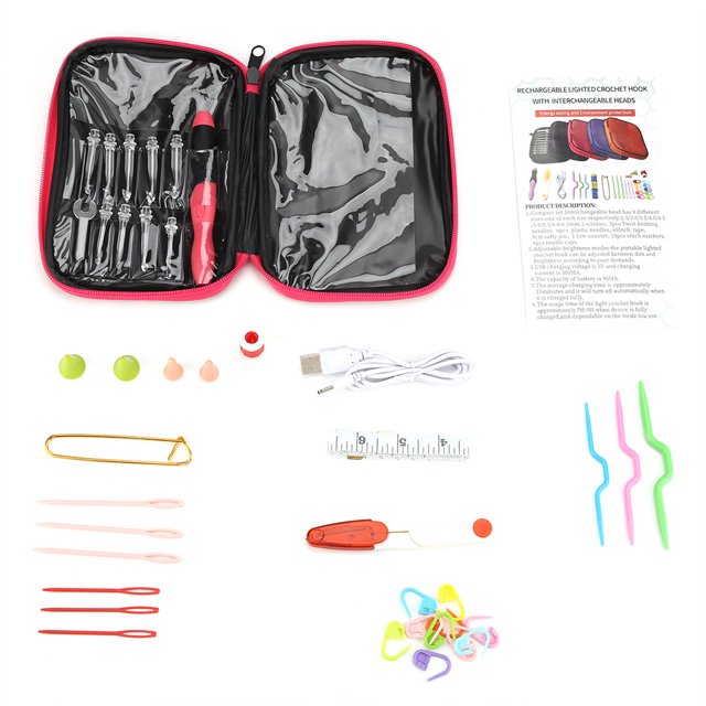 Cergrey Knitting Needles Set, Crochet Hooks Set,40Pcs USB Chargeable LED Crochet Hooks Knitting Needles Tools Kits Set Accessory