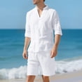 thumbnail image 4 of Mifsaly Linen Set Men 2 Piece Summer Beach Matching Lounge Outfits Button Closure Long Sleeve Shirt and Shorts with Pockets Lightweight Breathable Travel Vacation Clothes XL, 4 of 7
