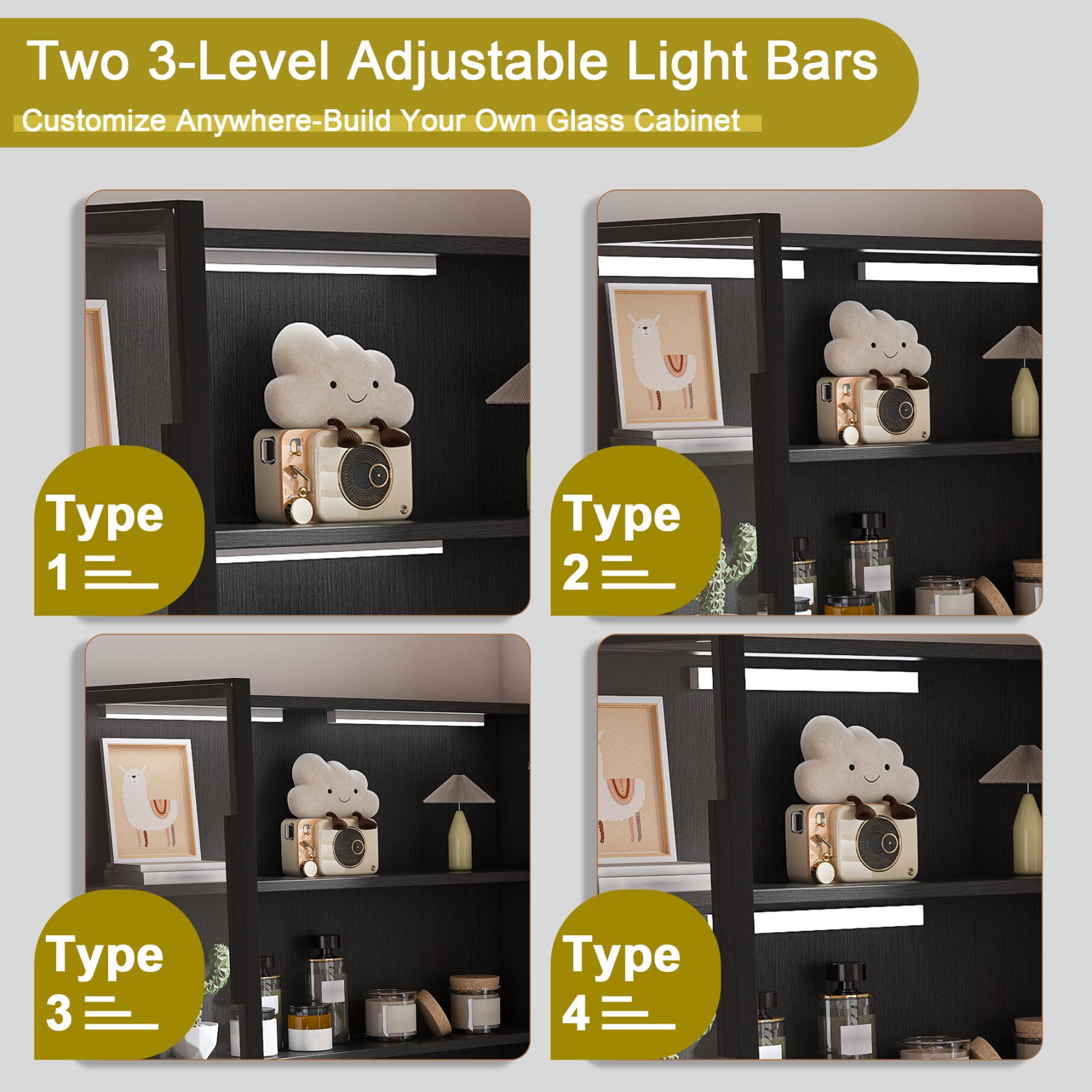 L Shaped Desk with LED Lights and Charging Ports, Corner Computer Desk with Keyboard Tray, Glass Cabinets and 3 Drawers for Home Office, Black