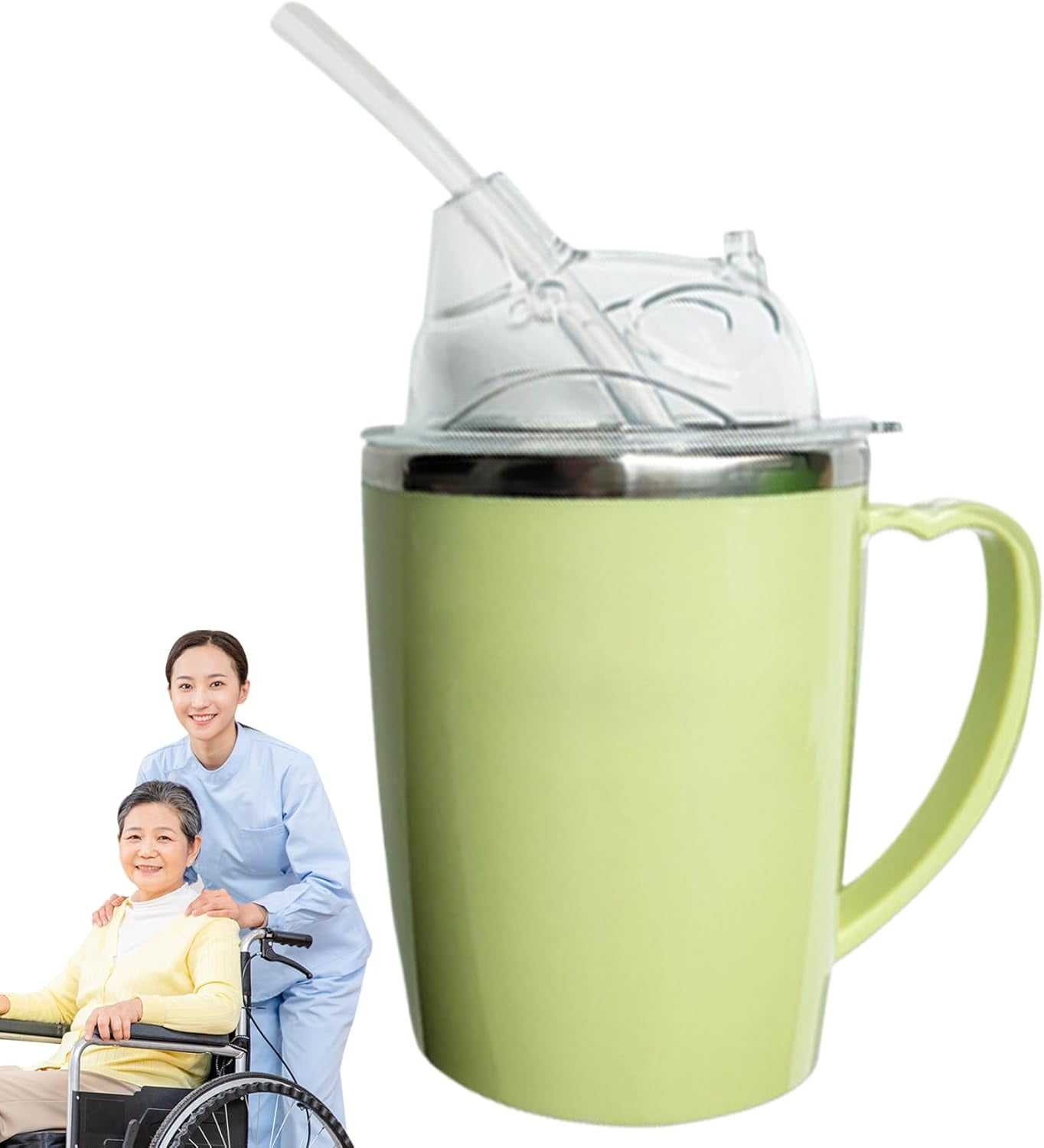 ABPETE Adult Sippy Cup, Beakers for Elderly, 350ml Spill Proof Adult Sippy Cup with Straw, 3-in-1 Stainless Steel Dysphagia Cups with Handle