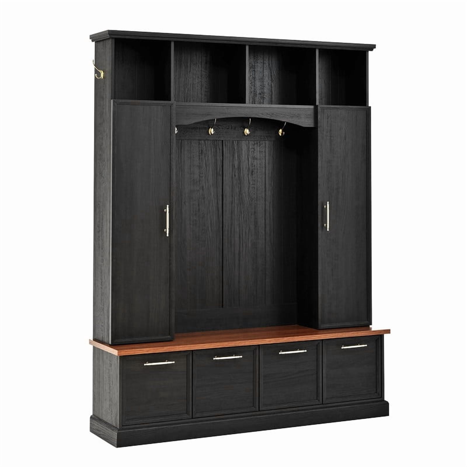 Farmhouse 4-in-1 Hall Tree with Golden Hooks & Handles, Entryway Shoe Bench with Adjustable Shelves, Farmhouse Coat & Shoe Rack for Mudroom